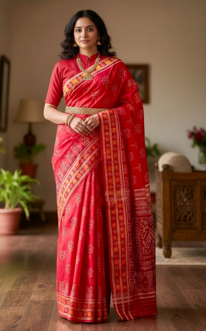 Red color Elegant khandua ikat pure silk saree with Elephant lotus motifs in body and pasapalli border |Odisha Weaves