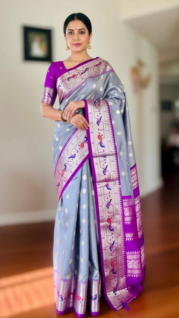 Grey purple high quality Venkatagiri handloom pure silk saree with Paithani border
