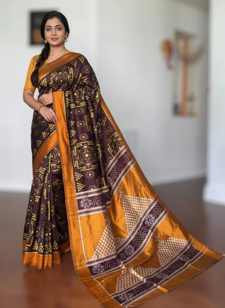 Dark Brown with yellow color handwoven yantra ikat pure silk saree|Odisha Weaves|Contemporary Ikat|
