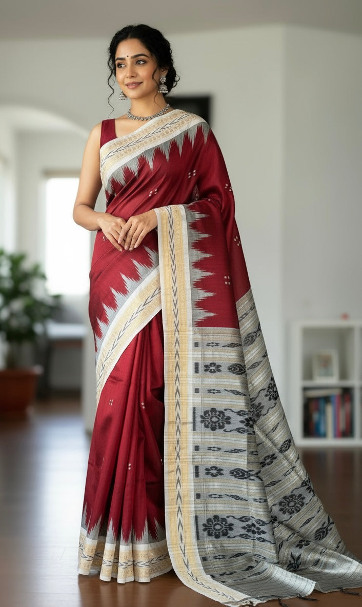 Maroon with cream combination khandua ikat pure silk saree from Odisha Weaves