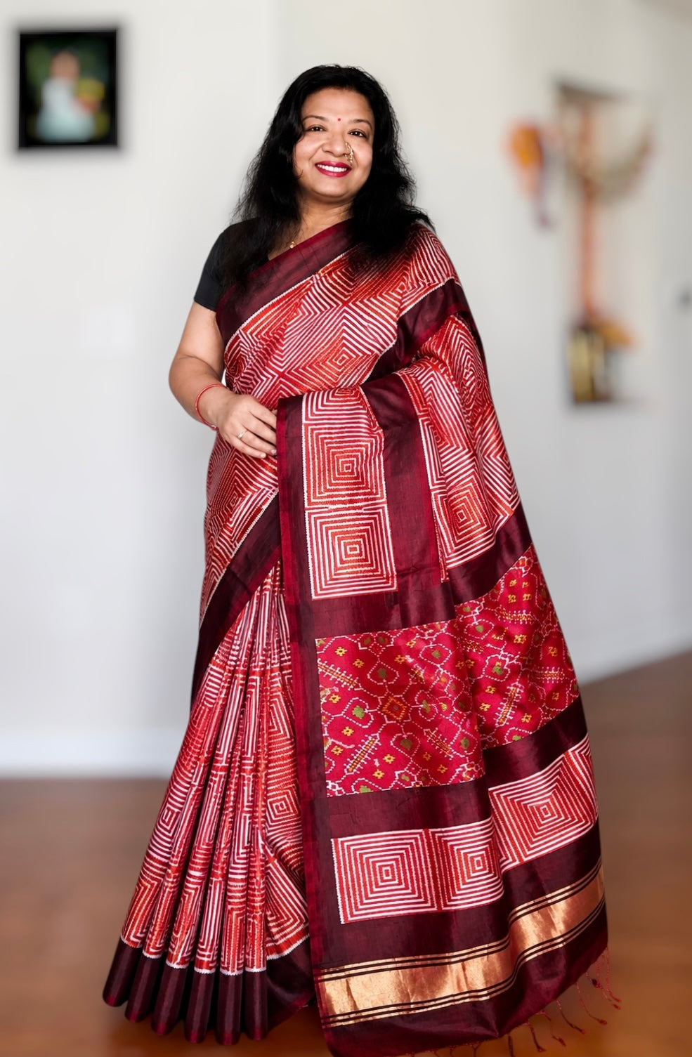 Orange and Brown combination Contemporary ikat pure silk saree with mirror effect body design