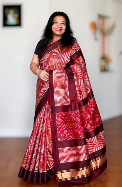 Orange and Brown combination Contemporary ikat pure silk saree with mirror effect body design