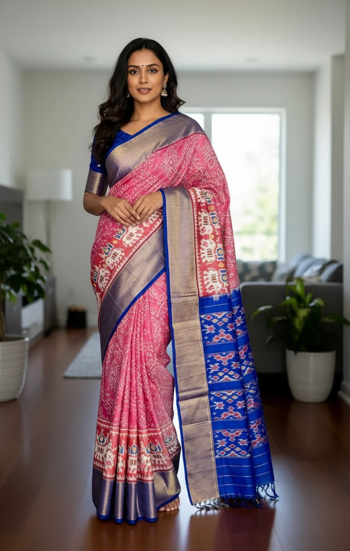 Shot pink Pochampally ikat pure silk saree