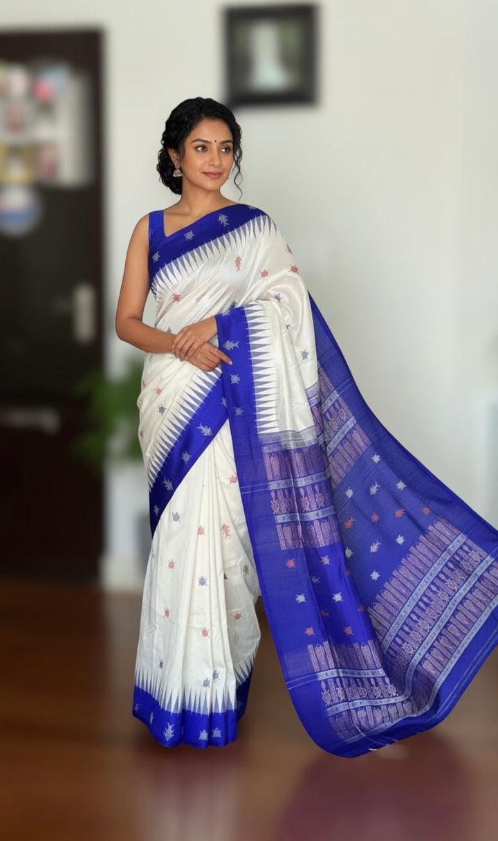 White and Blue combination exquisite piece of Bomkai Pure Silk Saree
