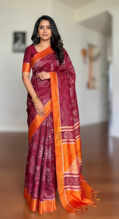Maroon with orange yellow color handwoven Chita patterned ikat pure silk saree|Odisha Weaves|Contemporary Ikat