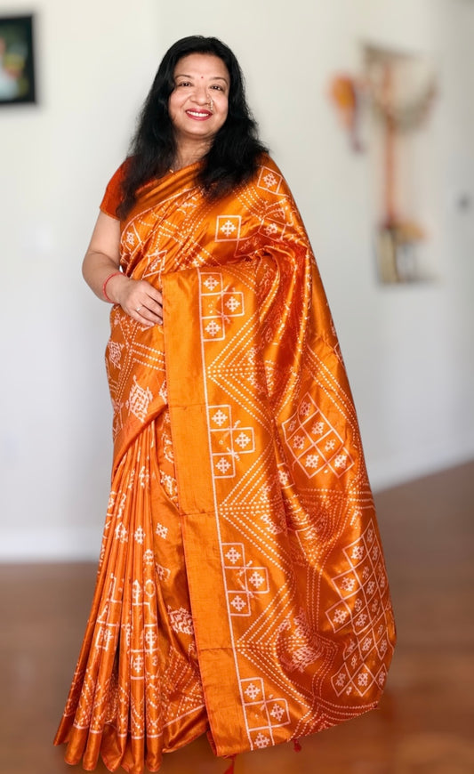 Orange color handwoven ikat pure silk saree|Odisha Weaves|Contemporary Ikat|Antara