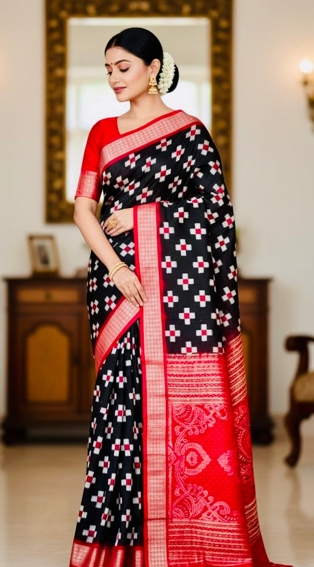 Handwoven Black and Red Pasapali Sambalpuri Ikat pure silk saree|Odisha Weaves|