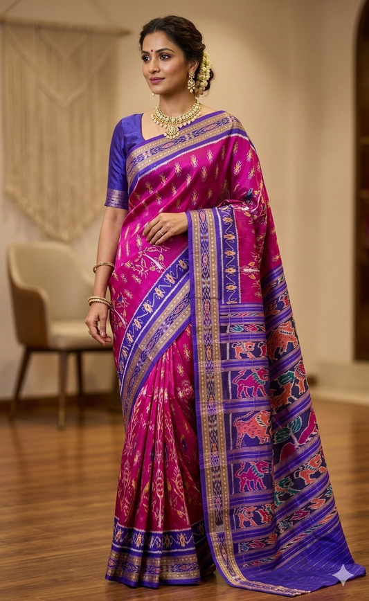 Magenta traditional ikat Khandua handwoven pure silk saree|Odisha Weaves