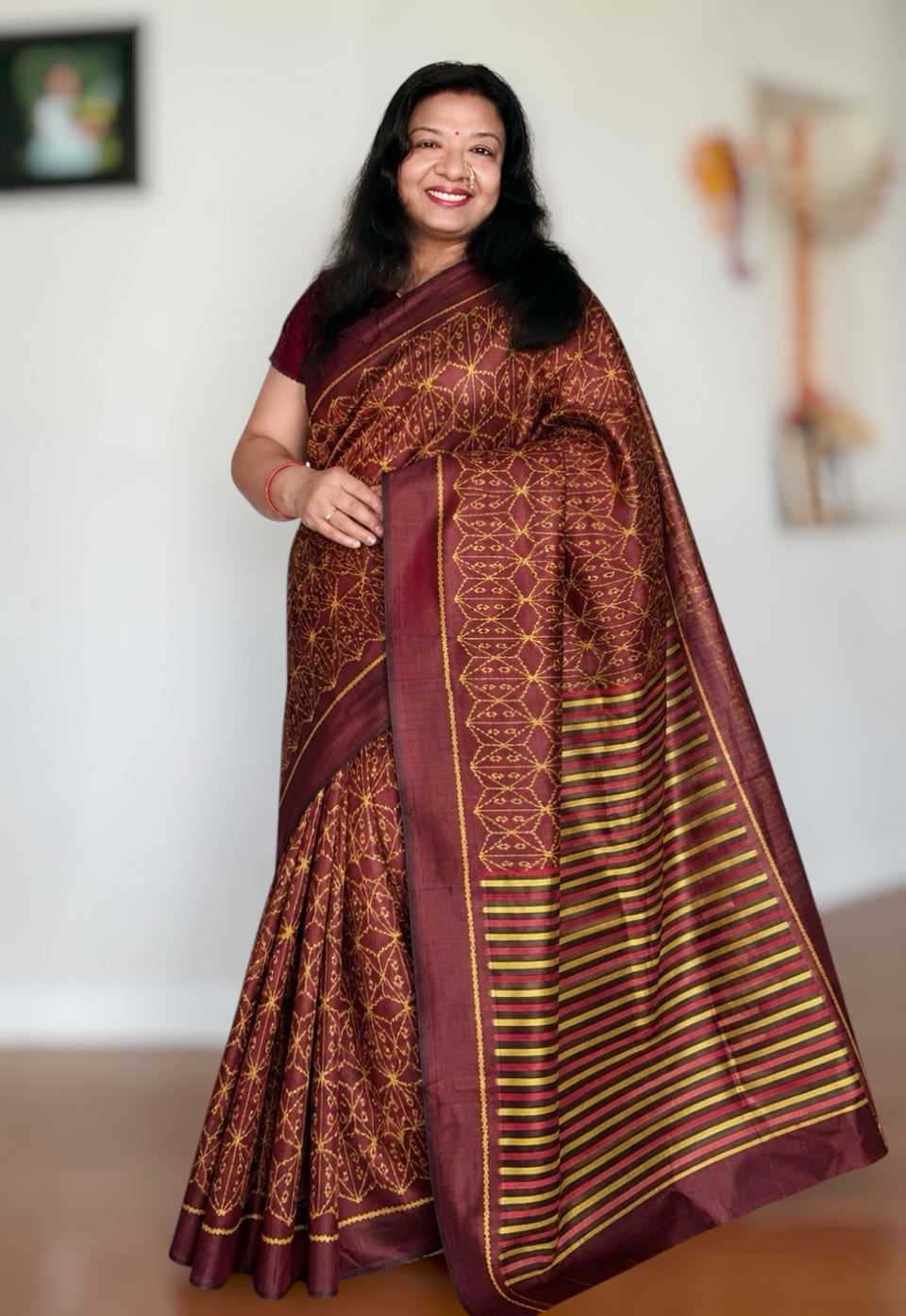 Brown Contemporary ikat Pure silk saree from Odisha weaves