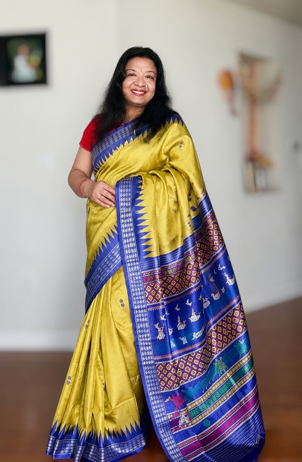 Boita theme handwoven pure Tussar silk saree in greenish yellow and blue color