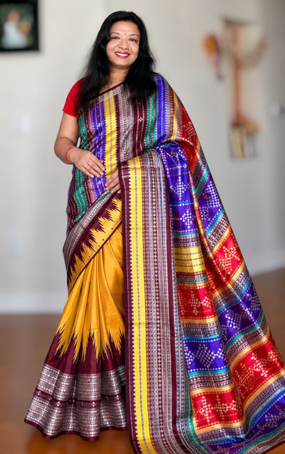 Mustard with brown  Berhampuri pure silk saree with colorful double pallu