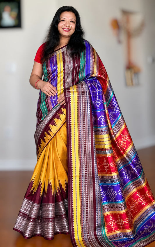 Mustard with brown  Berhampuri pure silk saree with colorful double pallu