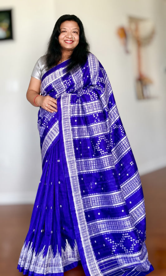 Indigo color traditional weaving Berhampuri Pure Silk Saree with Double pallu