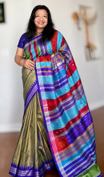 Olive green color Berhampuri double pallu pure silk saree with blue rudraksh and temple border