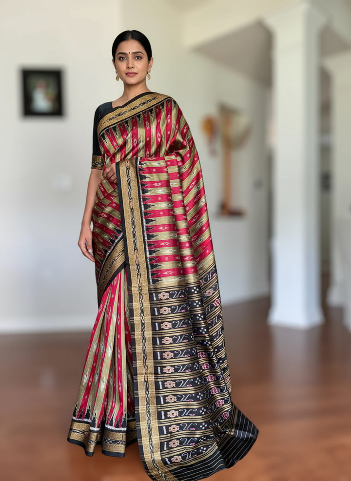 Maroon Beige Chandrika in striped body Contemporary Ikat Pure Silk Saree|Odisha Weaves|Mishrita