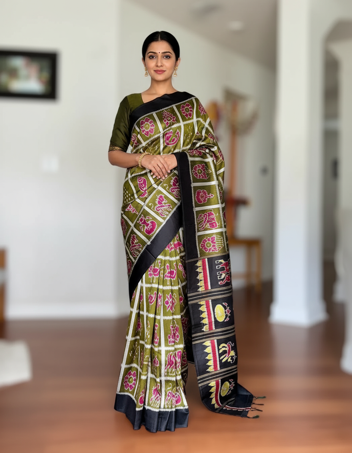 Olive Green Nabakothi Contemporary Ikat Pure Silk Saree|Odisha Weaves|Mishrita