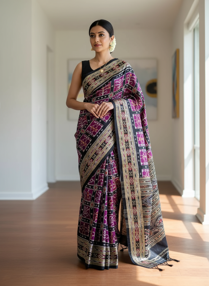 Handwoven Pure Silk ikat Khandua Saree Magenta|Mishrita |Odisha Weaves
