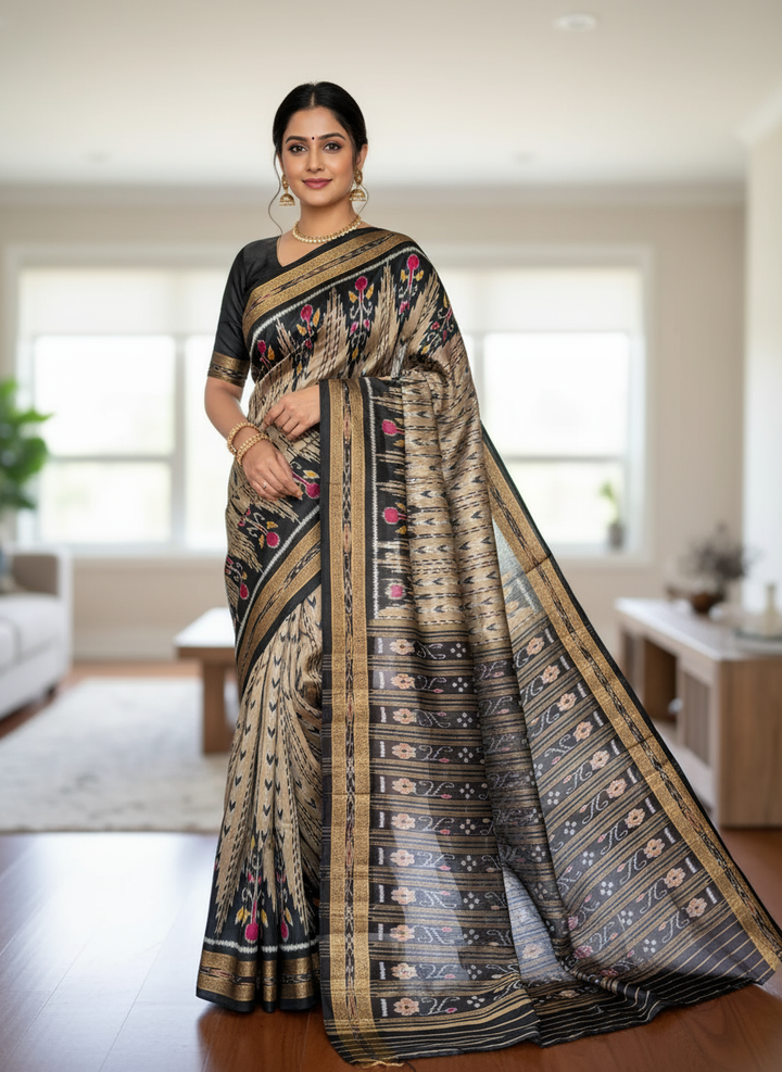 Handwoven Pure Silk ikat Khandua Saree Beige-Gold|Mishrita |Odisha Weaves
