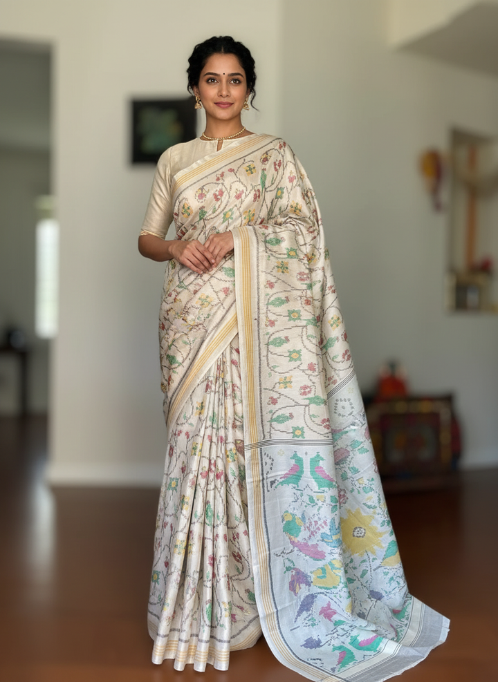 Offwhite semi (double) ikat patan Patola pure silk saree
