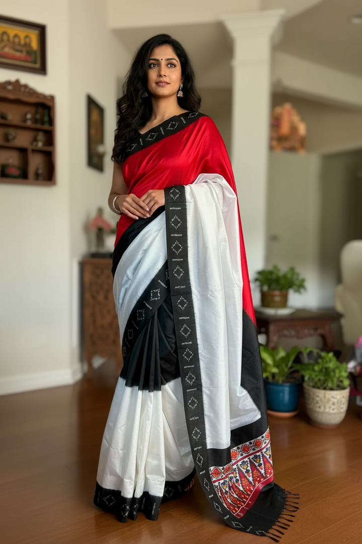 Red Black White Double ikat Pochampally ikat pure silk saree