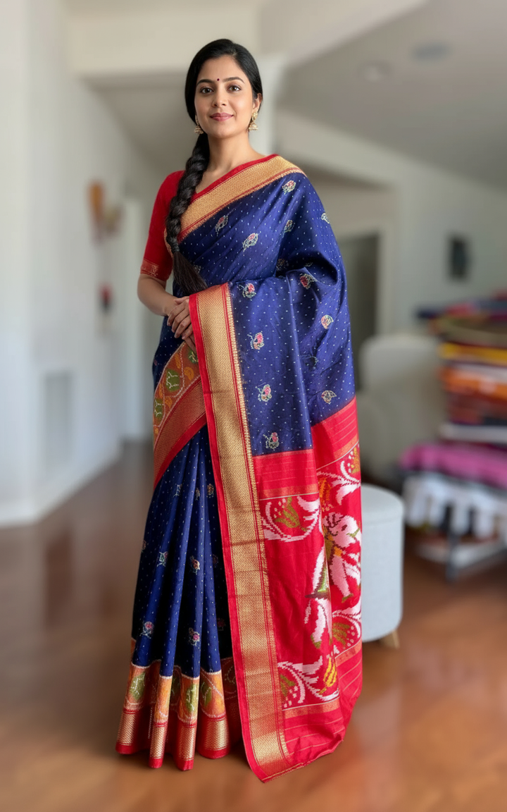 Elephant Pallu night blue with red combination Pochampally ikat pure silk saree
