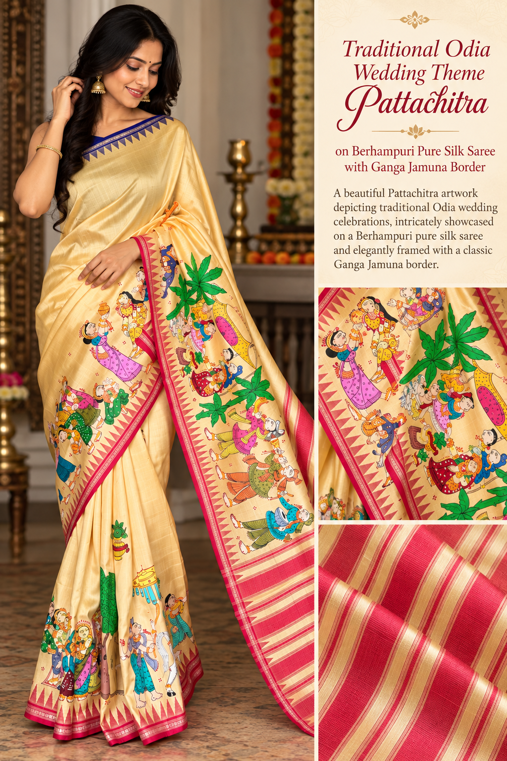Warm pale yellow Odia Vivaha Pattachitra Berhampuri Pure Silk Saree – Ganga Jamuna Border