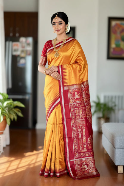 Orange-ish Yellow Sambalpuri Ikat Pure Silk Saree with “Triphala” Ikat Pallu and Maroon Border |Odisha Weaves