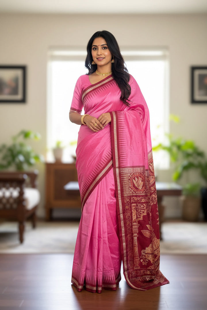 Pink Sambalpuri Ikat Pure Silk Saree with “Triphala” Ikat Pallu and Maroon Border |Odisha Weaves