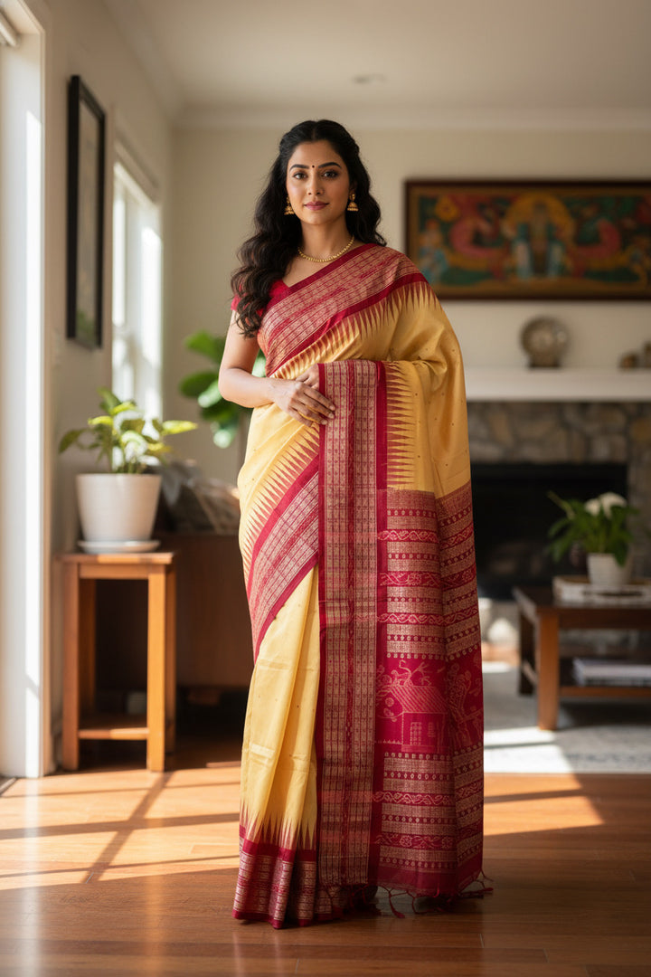 Gorgeous Pale Yellow handwoven Sambalpuri Ikat pure Silk saree |Odisha Weaves