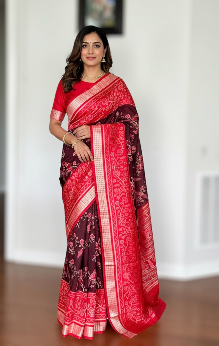 Bird theme Sambalpuri double ikkat pure silk saree in brown and red combination |Odisha Weaves