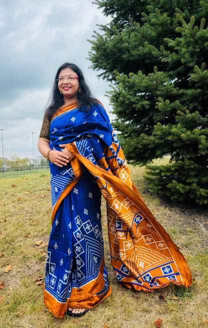 Blue with Mustard Yellow color handwoven ikat pure silk saree|Odisha Weaves|Contemporary Ikat|Antara