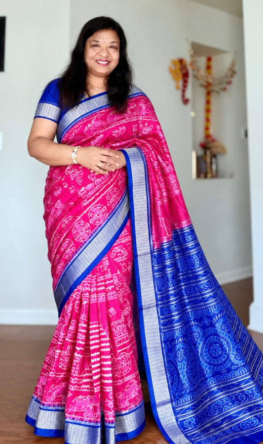 Large Konark Motif unique handwoven Sambalpuri ikat pure silk saree|Odisha Weaves|
