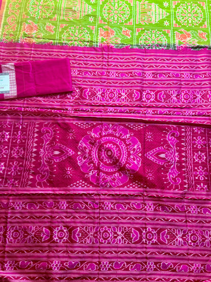 Dual shaded Parrot green and pink Konark Motif unique handwoven Sambalpuri ikat pure silk saree|Odisha Weaves|