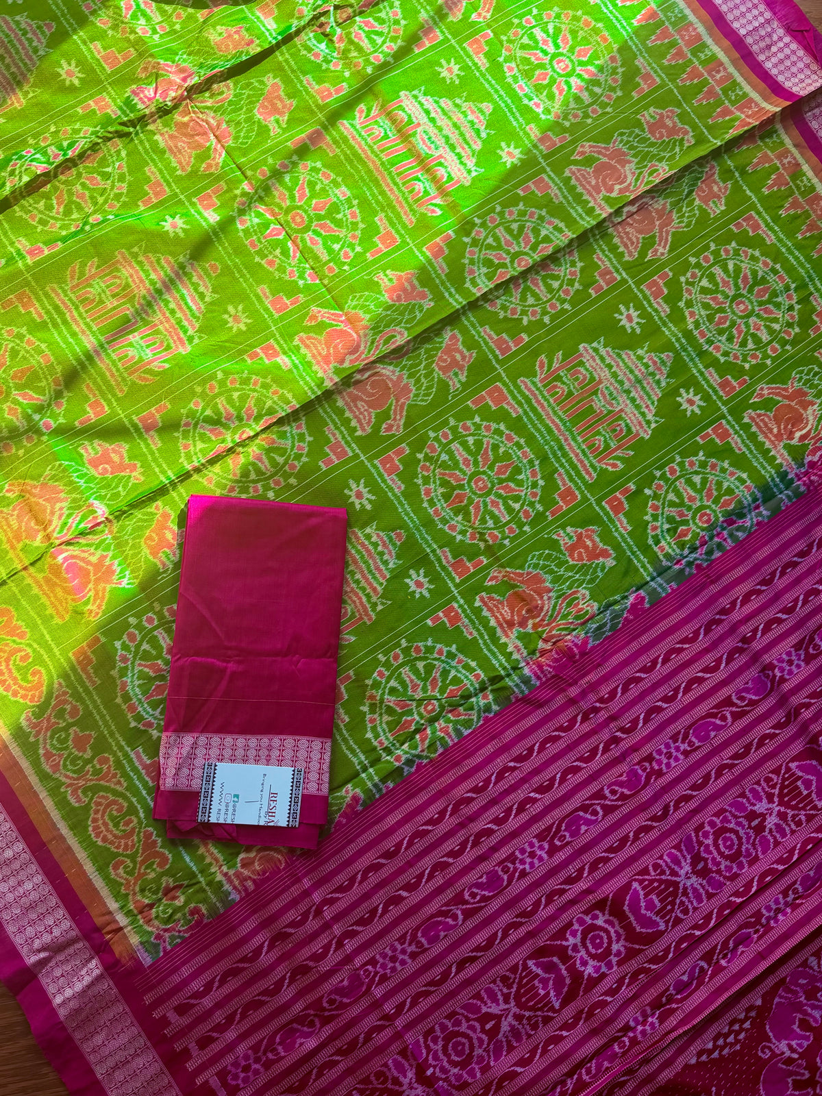 Dual shaded Parrot green and pink Konark Motif unique handwoven Sambalpuri ikat pure silk saree|Odisha Weaves|