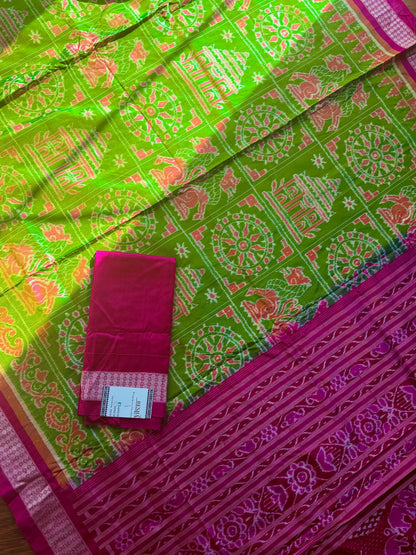 Dual shaded Parrot green and pink Konark Motif unique handwoven Sambalpuri ikat pure silk saree|Odisha Weaves|
