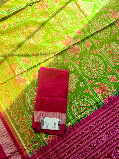 Dual shaded Parrot green and pink Konark Motif unique handwoven Sambalpuri ikat pure silk saree|Odisha Weaves|