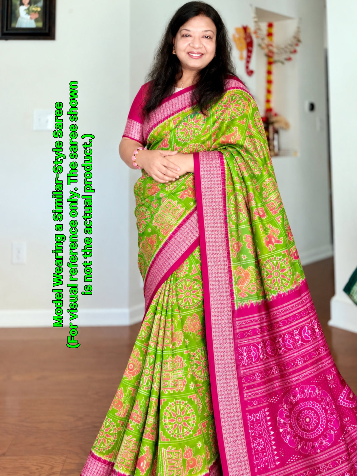 Dual shaded Parrot green and pink Konark Motif unique handwoven Sambalpuri ikat pure silk saree|Odisha Weaves|