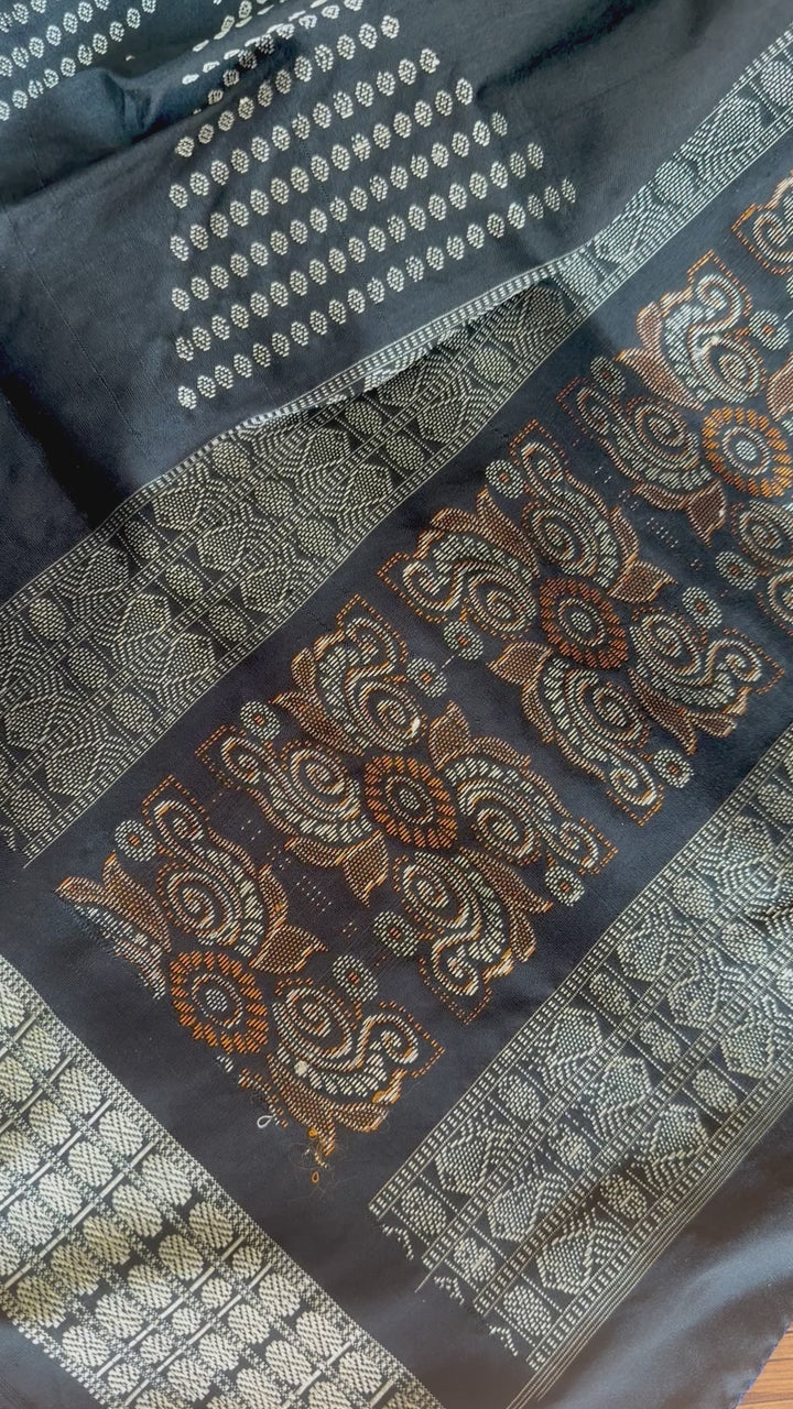Beautiful Black and blue Handwoven Bomkai Pure Silk Saree –  from Odisha Weaves