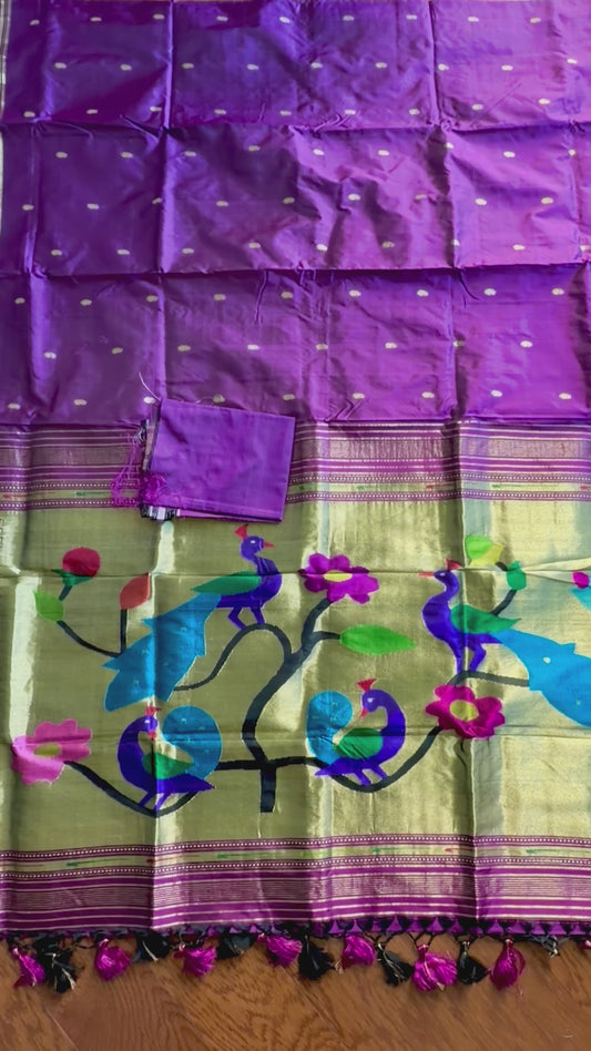 Handwoven Pure Silk Paithani Saree: Purple, Peacock Floral Pallu