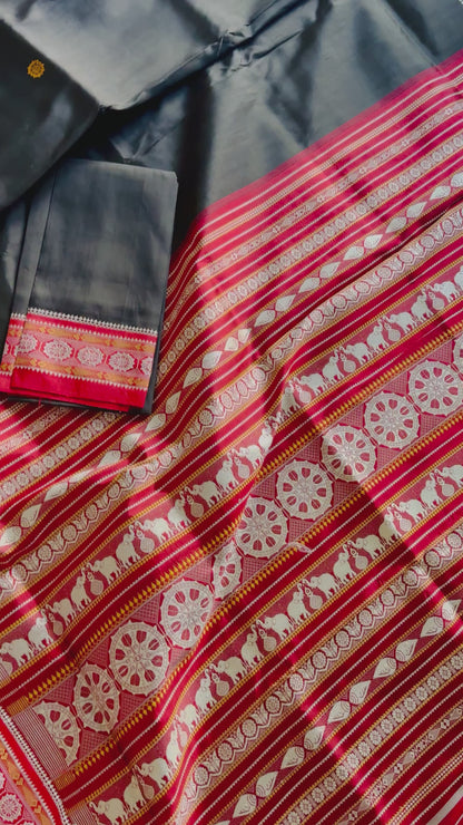 Black with red combinations contemporary ikat from Odisha weaves with konark chakra jala weaving