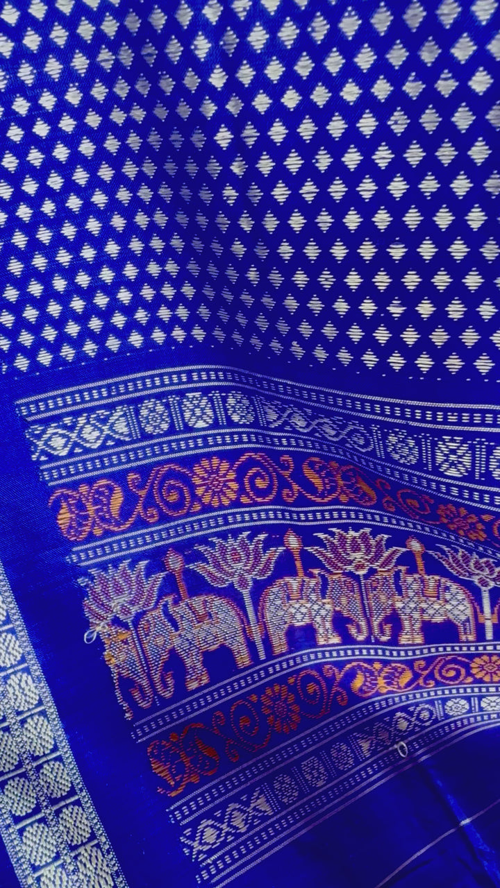 Konark theme Handwoven Bomkai Pure Silk Saree – Turquoise Blue with Royal Blue Pallu from Odisha Weaves