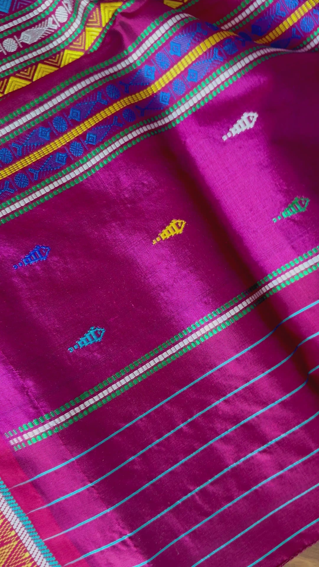 Light green and magenta pink combination Dongria double pallu contemporary ikat pure silk saree